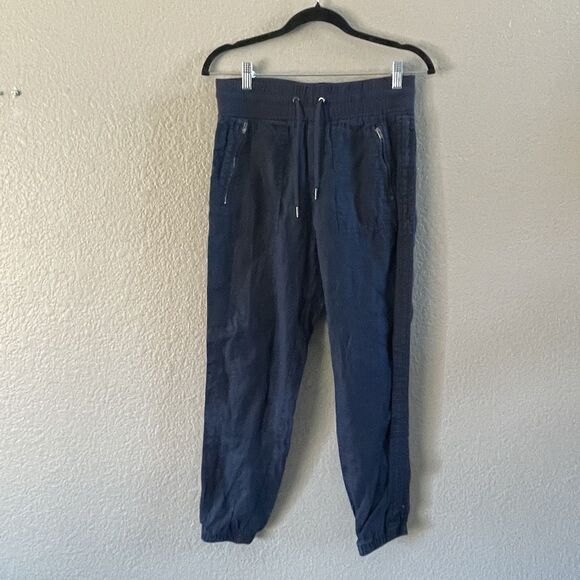 Athleta Cabo Linen Jogger Pant Womens 2 Blue Drawstring Taper Zip Pocket Coastal - Picture 2 of 12